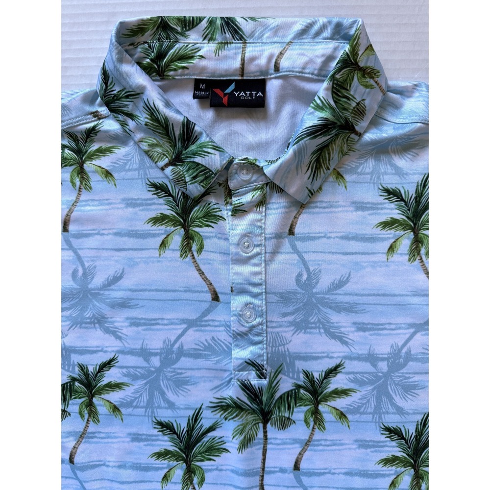 YATTA GOLF - Men's White Blue Palm Trees Polo Shirt‎ - Size Medium